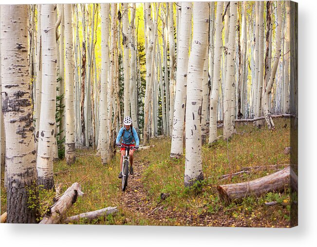 Scenics Acrylic Print featuring the photograph A Woman Riding A Mountain Bike Through by Whit Richardson