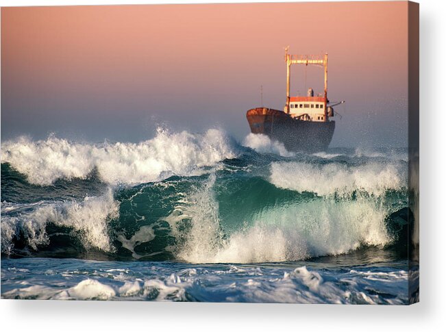 Sea Acrylic Print featuring the photograph Abandoned Ship and the stormy waves by Michalakis Ppalis