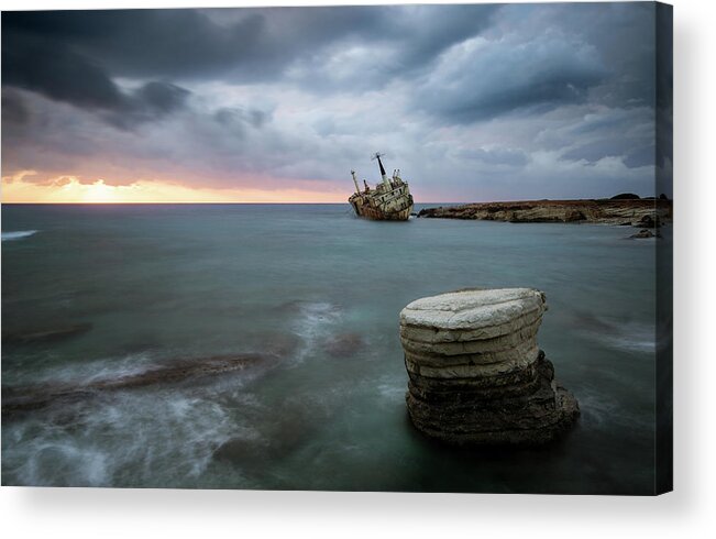 Seascape; Coastline; Sunset; Sundown Acrylic Print featuring the photograph Abandoned Ship EDRO III Cyprus by Michalakis Ppalis