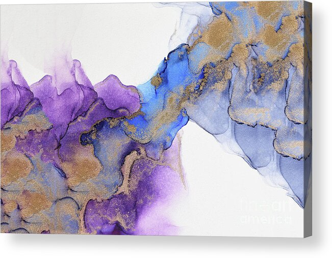 Blue Petal Dots Whispy Abstract Painting Acrylic Print featuring the painting Abstract Gold and Purple Waves Painting by Alissa Beth Photography