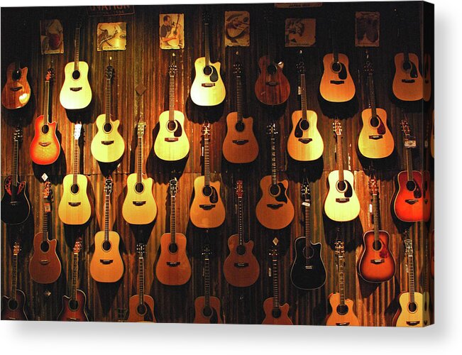 Hanging Acrylic Print featuring the photograph Acoustic Guitars On A Wall by Karas Cahill Photography
