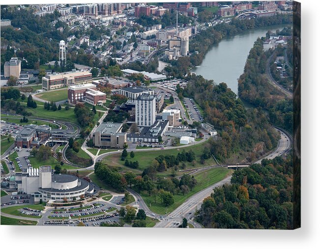 Wvu Acrylic Print featuring the photograph Aerials of Evansdale Campus with Engineering Buildings and CAC and Monongahela River by Dan Friend