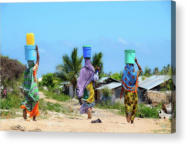 People Acrylic Print featuring the photograph African Women Go To Fetch Water W by Volanthevist