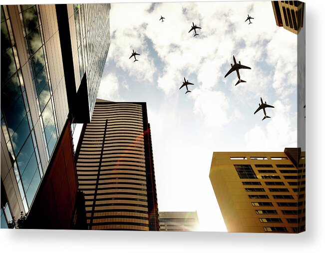 Conspiracy Acrylic Print featuring the photograph Airplanes Flying Over Buildings by Thomas Northcut