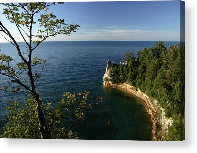 Pictured Rocks National Lakeshore Acrylic Print featuring the photograph An Aerial View Of The Miners Castle by Ericfoltz