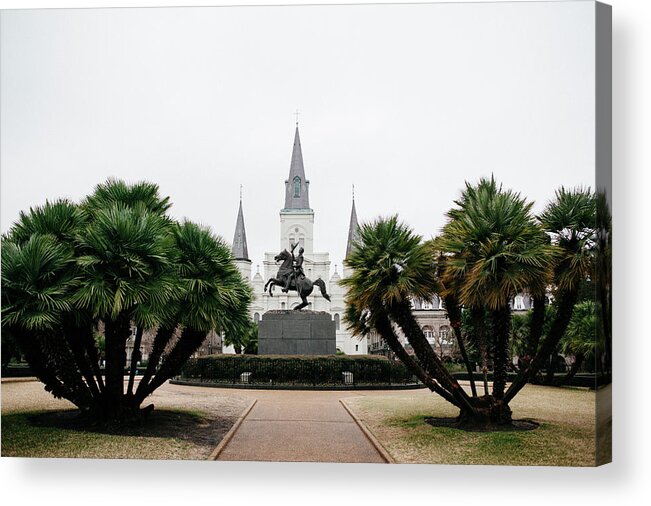 St. Louis Cathedral Acrylic Print featuring the photograph Andrew Jackson Statue And St. Louis Cathedral Against Clear Sky by Cavan Images