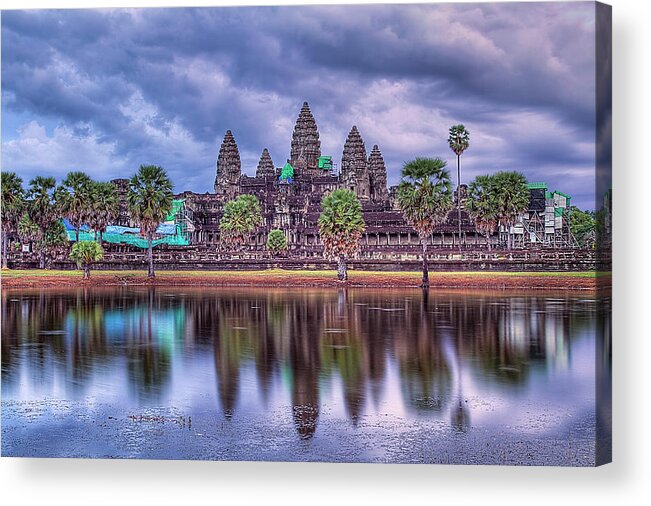 Standing Water Acrylic Print featuring the photograph Angkor Wat Buddhist Temple - Cloudy by Marty Windle
