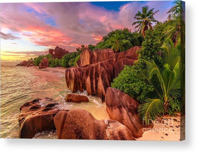 Seychelles Acrylic Print featuring the photograph Anse Source dArgent at dusk by Benny Marty
