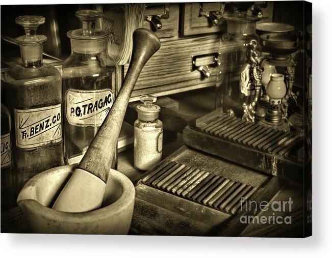 Paul Ward Acrylic Print featuring the photograph Apothecary-Vintage Pill Roller Sepia by Paul Ward