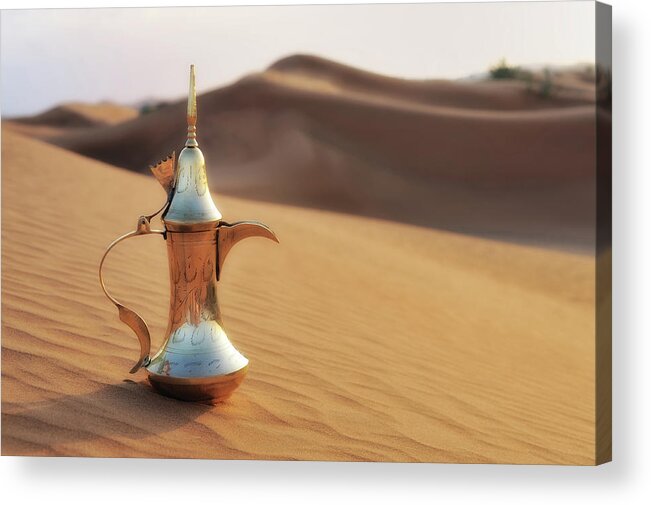 Arabia Acrylic Print featuring the photograph Arabic Styled Coffee Pot In The Desert by Dblight