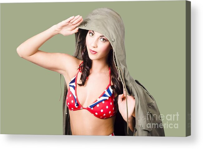 Army Acrylic Print featuring the photograph Army pinup saluting retro fashion in 1940 style by Jorgo Photography
