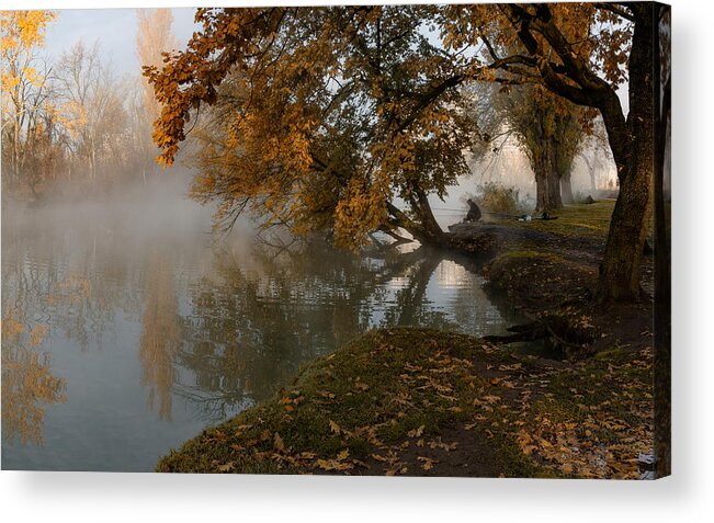 Autumn Acrylic Print featuring the photograph Autumn Misty Morning With A Lone Fisherman by Alexander Plekhanov