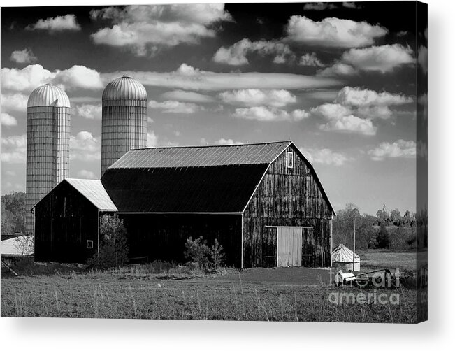 Old Acrylic Print featuring the photograph Barn and Silos in Black and White by Les Palenik