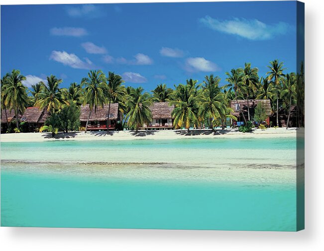 Water's Edge Acrylic Print featuring the photograph Beach Huts, Aitutaki, Cook Islands by Peter Adams