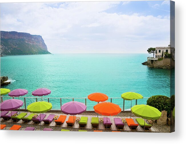 Orange Color Acrylic Print featuring the photograph Beach With Parasol In Cassis, France by Mmac72