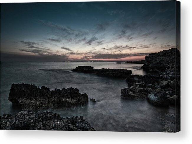 Seascape Acrylic Print featuring the photograph Beautiful dramatic Sunset on a rocky coastline by Michalakis Ppalis