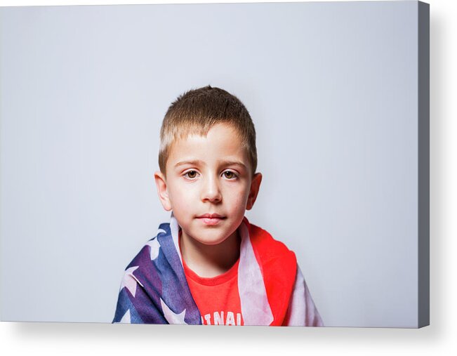 4th Acrylic Print featuring the photograph Beautiful Portrait Of A 4-year-old Blond Boy Wrapped In The American Flag by Cavan Images