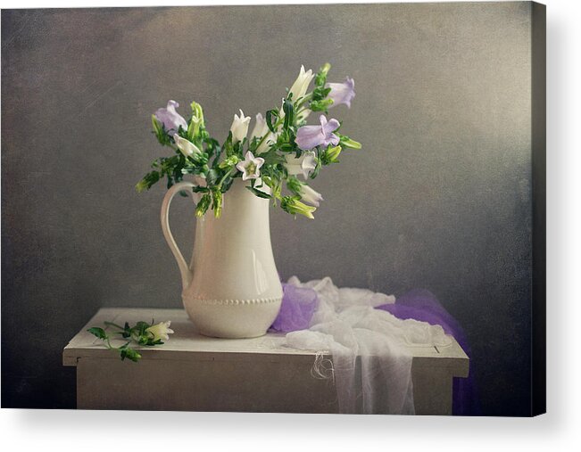 Purple Acrylic Print featuring the photograph Bell Shape Flowers In White Pitcher by Copyright Anna Nemoy(xaomena)