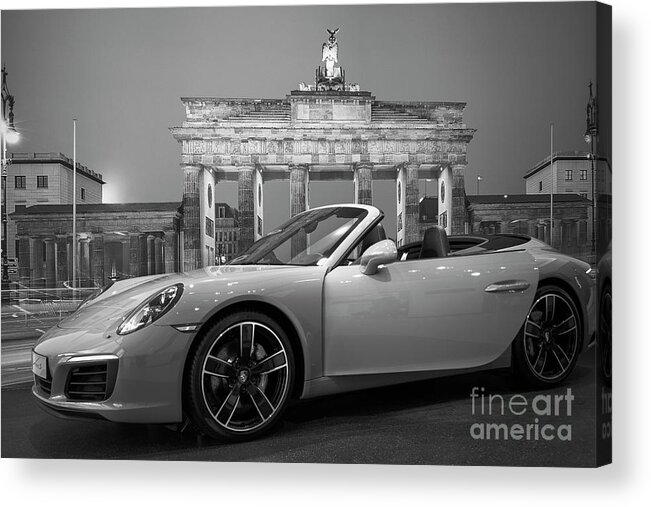 Porsche Logo Acrylic Print featuring the photograph Berlin BW - Porsche Car by Stefano Senise