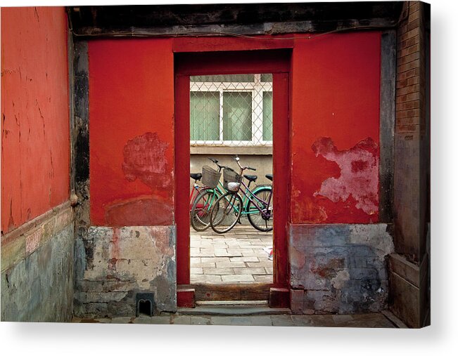 Tranquility Acrylic Print featuring the photograph Bicycles In Red Doorway by Photo By Sharon Drummond