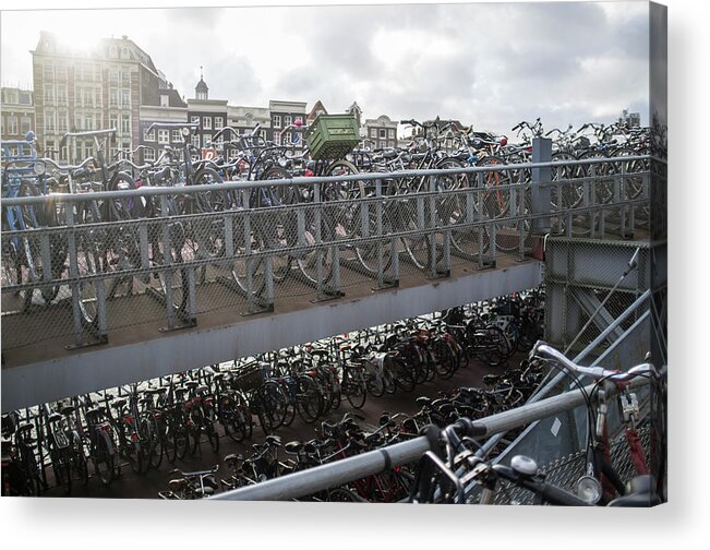 Environmental Conservation Acrylic Print featuring the photograph Bicycles Parked On City Sidewalk by Jackstar