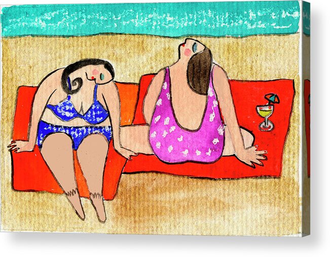 Big Divas Lounging On The Beach Acrylic Print featuring the painting Big Divas Lounging On The Beach by Wyanne