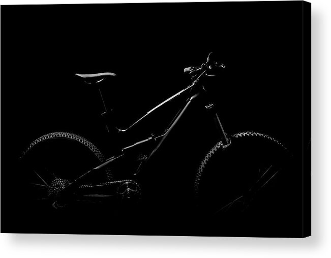 Black Background Acrylic Print featuring the photograph Black And White Mountain Bike In Studio by Stuart Ashley