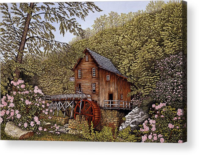 Grist Mill With Flowers And Trees Around It Acrylic Print featuring the painting Blossom Time by Thelma Winter