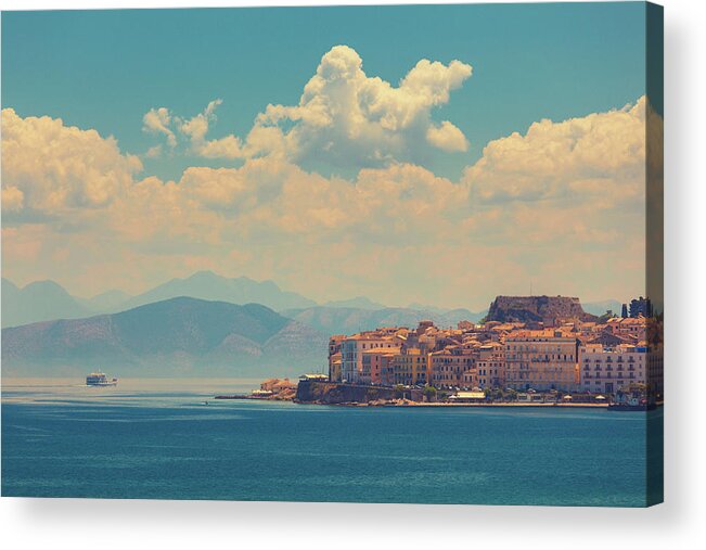 Greece Acrylic Print featuring the photograph Boat Leaving The Port Of Corfu by Thepalmer