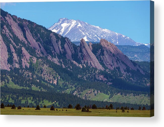 Boulder Acrylic Print featuring the photograph Boulder Flatirons and Longs Peak by James BO Insogna