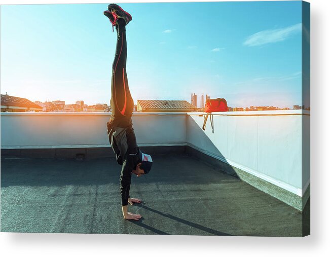 Sun Acrylic Print featuring the photograph Boy Doing A Handstand On A Terrace by Cavan Images