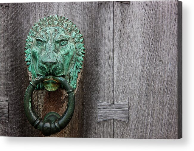England Acrylic Print featuring the photograph Brass Lion Door Knocker On A Wooden Door by John Short / Design Pics