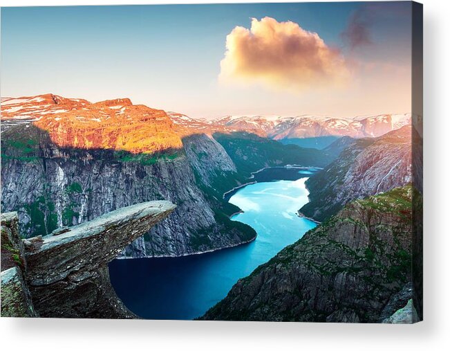 Landscape Acrylic Print featuring the photograph Breathtaking View Of Trolltunga Rock - by Ivan Kmit