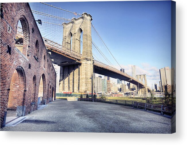 Lower Manhattan Acrylic Print featuring the photograph Brooklyn Bridge From Down Under by By Gene Krasko