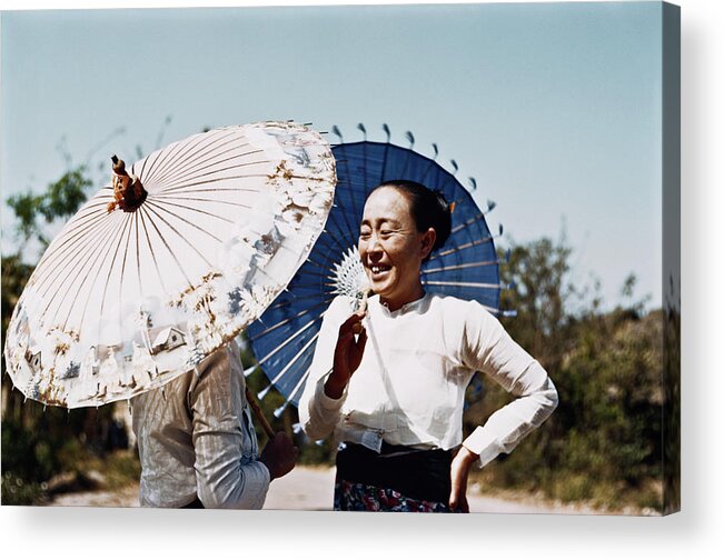 People Acrylic Print featuring the photograph Burmese Parasols by Bert Hardy