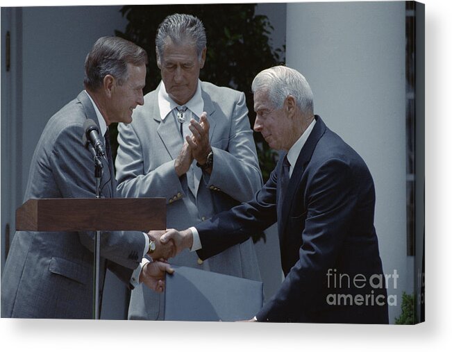 People Acrylic Print featuring the photograph Bush Shakes Dimaggios Handted Williams by Bettmann