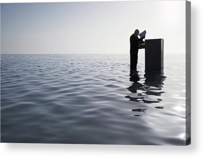 Mature Adult Acrylic Print featuring the photograph Businessman Standing In The Ocean by Moodboard