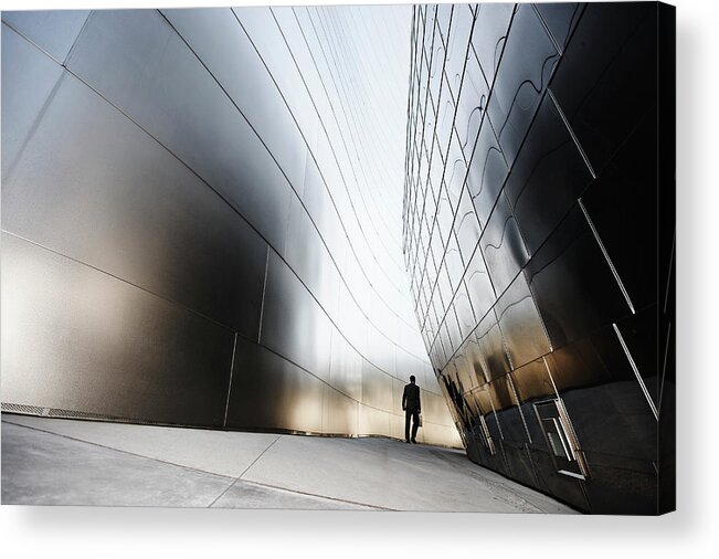 Curve Acrylic Print featuring the photograph Businessman Walking In Urban Alley by Blend Images - Peathegee Inc