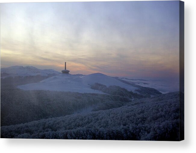Tranquility Acrylic Print featuring the photograph Buzludzha Monument Sunset Silhouette by Timothy Allen