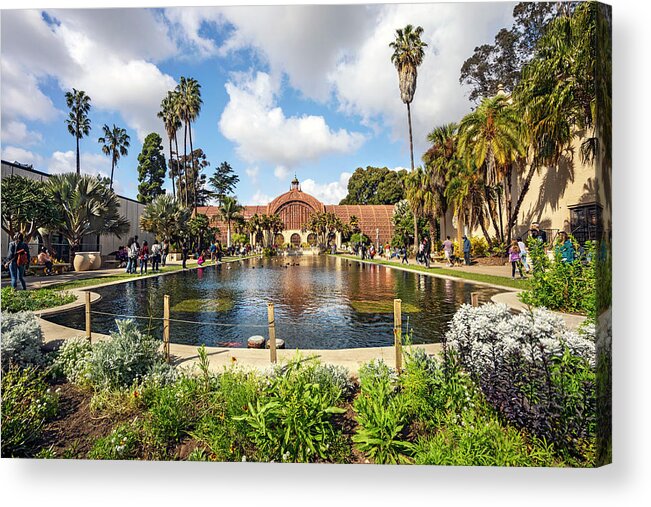 Estock Acrylic Print featuring the digital art California, San Diego, Balboa Park, Botanical Building And Lily Pond by Glowcam