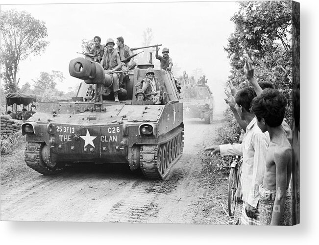 Vietnam War Acrylic Print featuring the photograph Cambodian Youths Wave Vsign At Gis by Bettmann