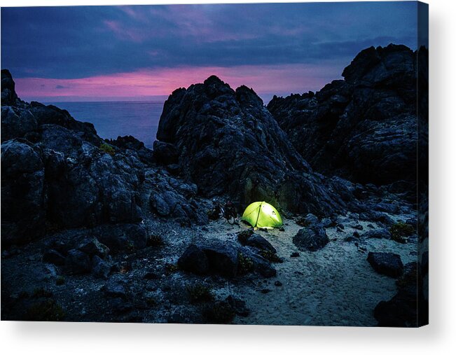 Adventure Acrylic Print featuring the photograph Camping among the rocks at the Pacific Coast in Chilean Atacama by Kamran Ali