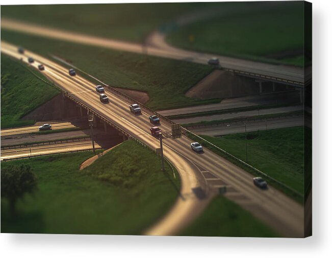 Grass Acrylic Print featuring the photograph Cars And Trucks On Highway From Above by Lotus Carroll