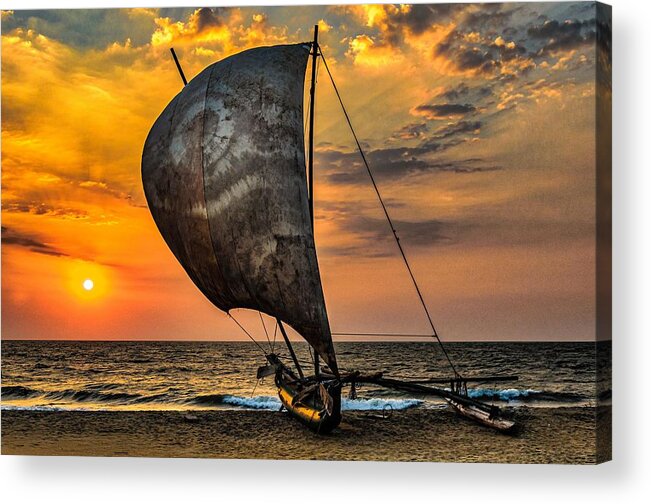 Catamaran Acrylic Print featuring the photograph Catamaran On The Beach At Sundown by Dieter Walther