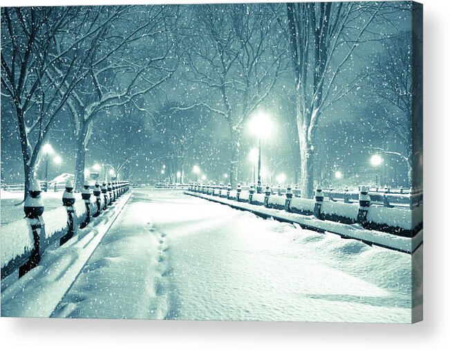 The Mall Acrylic Print featuring the photograph Central Park By Night During Snow Storm by Pawel.gaul