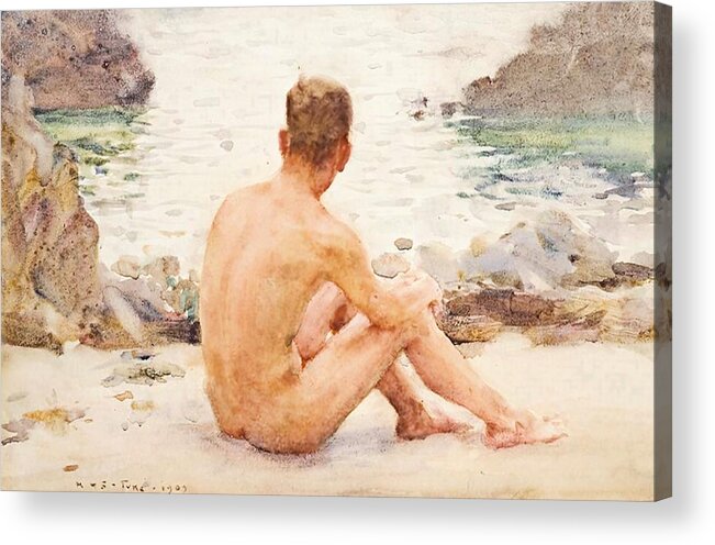 Henry Scott Tuke Acrylic Print featuring the painting Charlie Seated in the Sand by Henry Scott Tuke