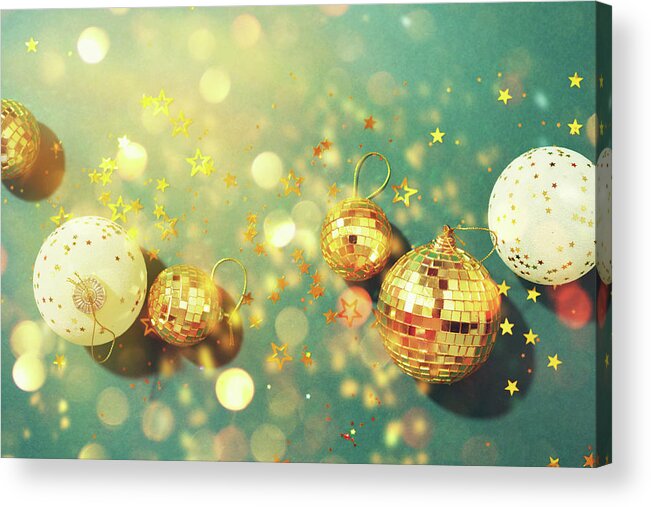 Christmas composition. Flat lay, top view. Disco ball bauble, star  sparkles. Minimal New year party concept. Christmas white and gold  decorations on green background with copy space. Acrylic Print by Yuliia  Chyzhevska 