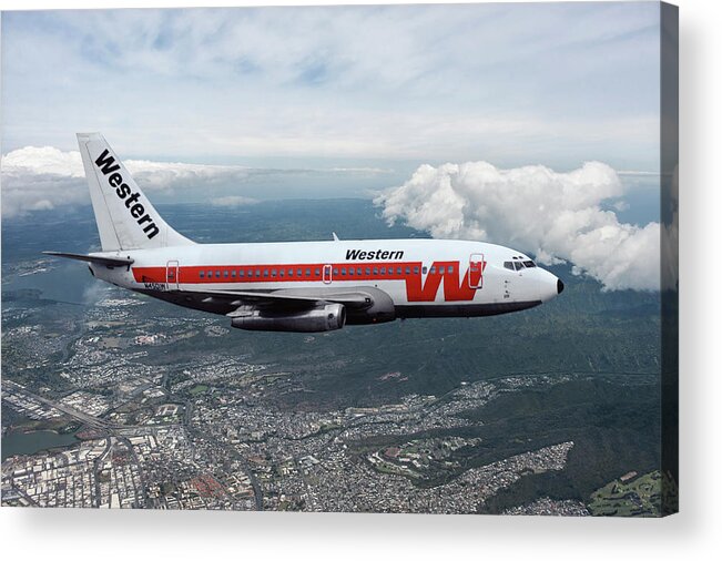 Western Airlines Acrylic Print featuring the mixed media Classic Western Airlines Boeing 737 by Erik Simonsen