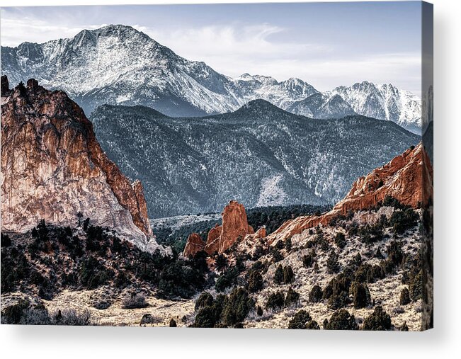America Acrylic Print featuring the photograph Colorado Springs Red Rock Landscape and Pikes Peak by Gregory Ballos