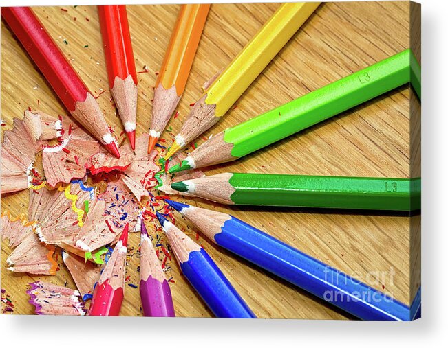 Close-up Acrylic Print featuring the photograph Colored Pencils And Shavings On Table by Gerard Mcauliffe